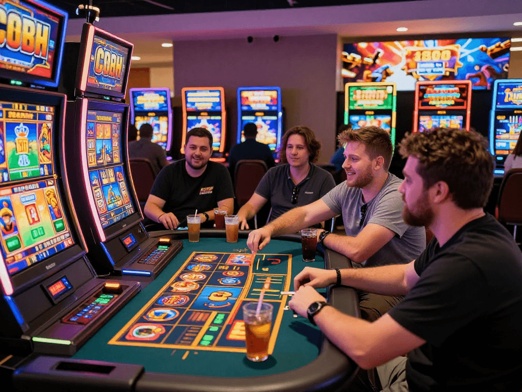 Engaged players enjoying thrilling slot88 gaming experience in a vibrant casino setting with bright lights.