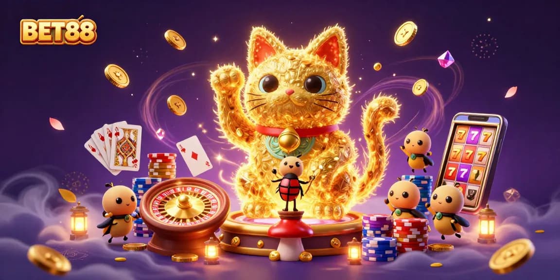 BET88's lucky cat and golden fireflies create a vibrant casino scene with dynamic symbols.