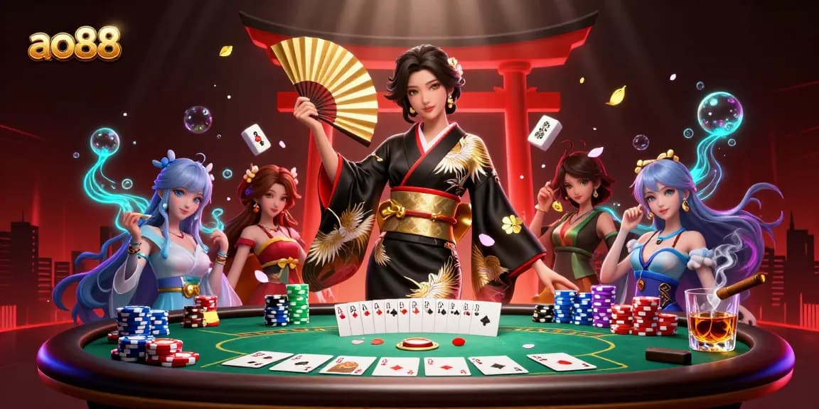 Play poker at ao88 surrounded by festive décor, cash, and vibrant casino elements.