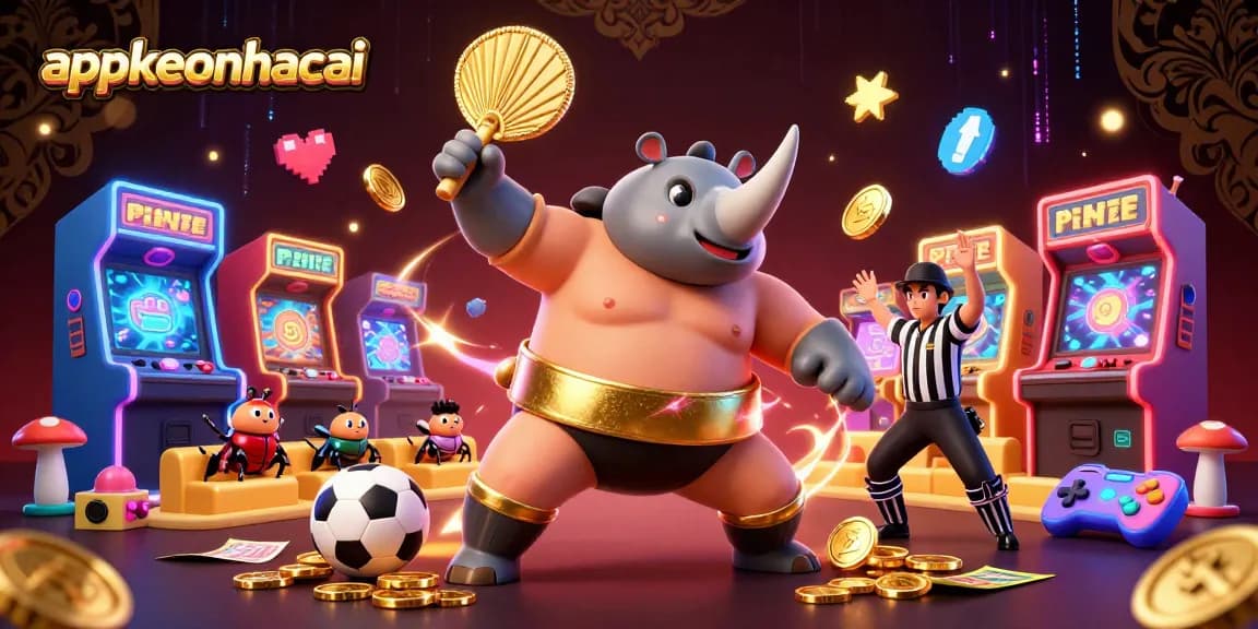 appkeonhacai presents a dynamic sports betting scene with a beetle champion, coins, and game elements.