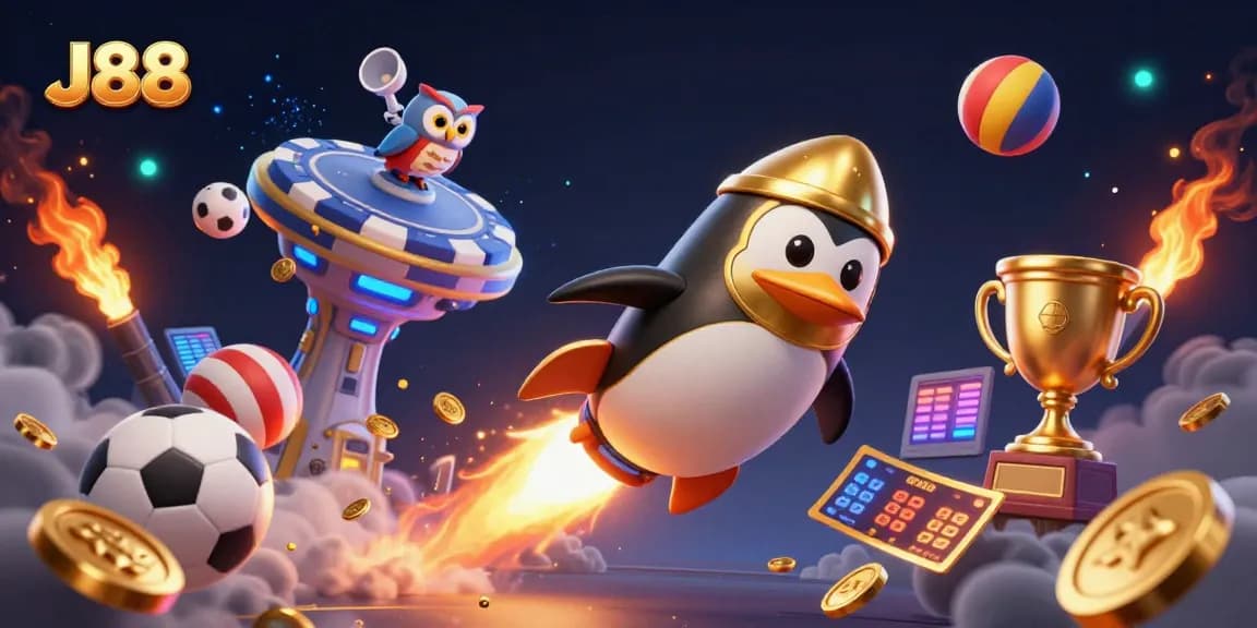 Experience exhilarating sports betting action with J88’s dynamic illustration featuring a golden penguin and casino stations.
