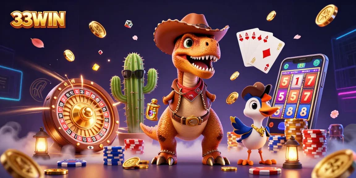 Experience thrilling gaming with 33WIN as a cowboy dinosaur joins the casino action!