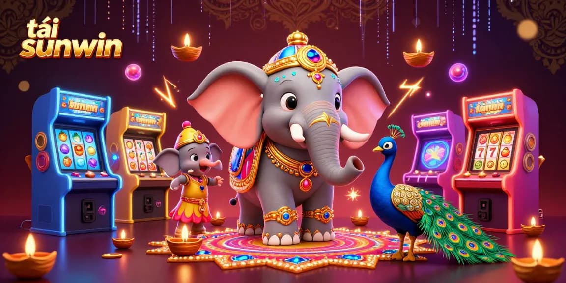 Play tải sunwin with vibrant 3D casino elements featuring an elephant and peacock in a dynamic scene.