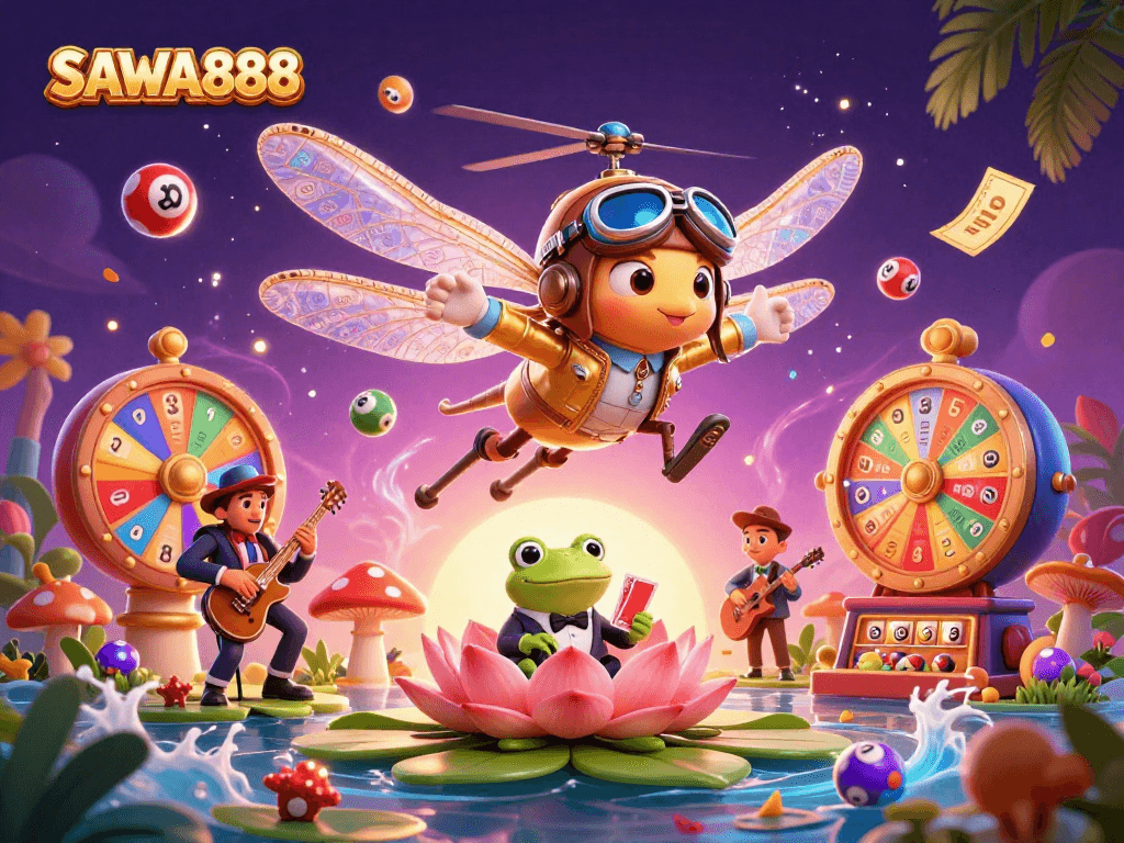 Experience the thrilling gameplay of SAWA888 with dynamic character illustrations and vibrant casino elements.