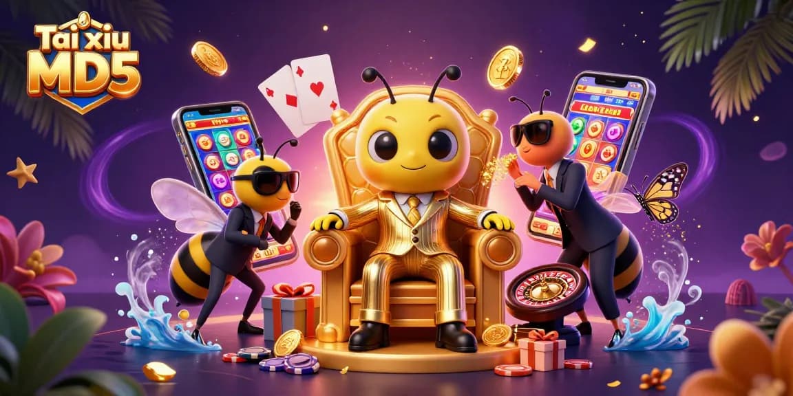 Tài xỉu MD5 game represented with a vibrant 3D scene of characters surrounded by casino-themed elements.
