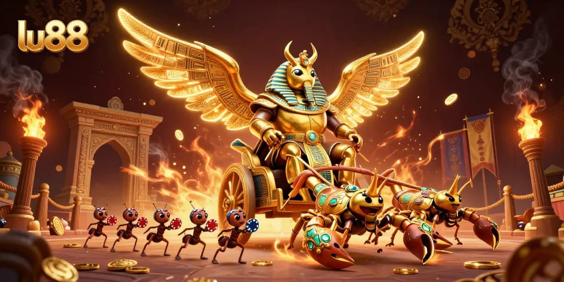 lu88 game scene featuring a golden scarab beetle with scorpions, surrounded by gold coins, enhancing excitement.