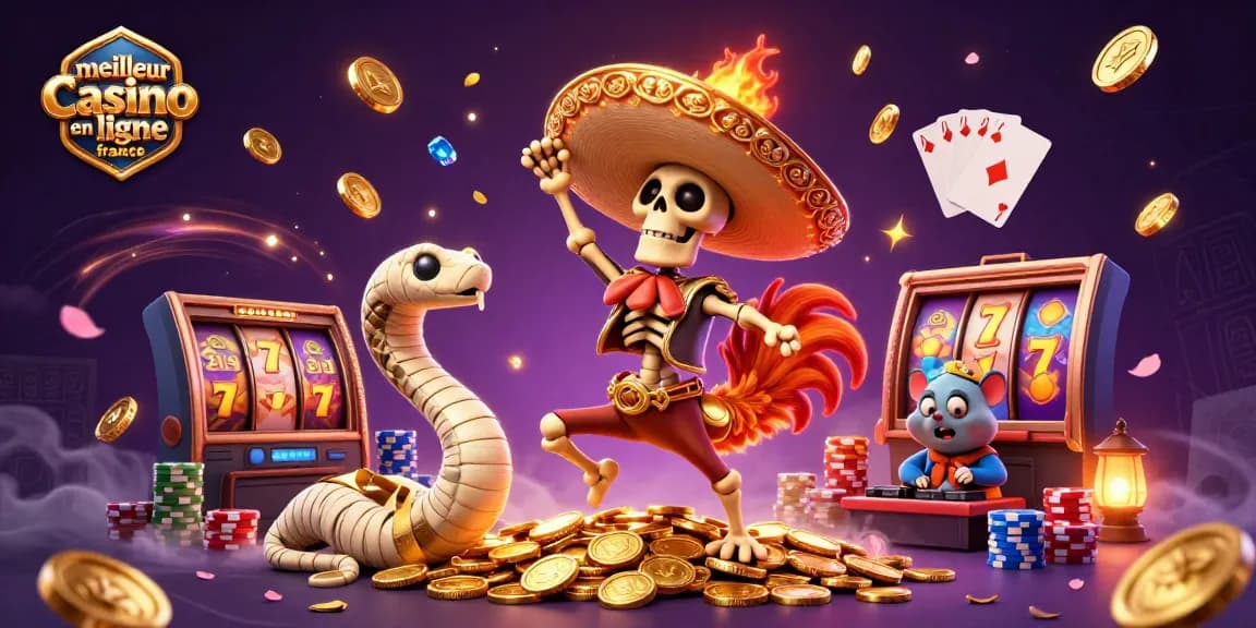 Jouer au meilleur casino en ligne France avec une illustration dynamique d'un rooster de mariachi et des éléments de casino.