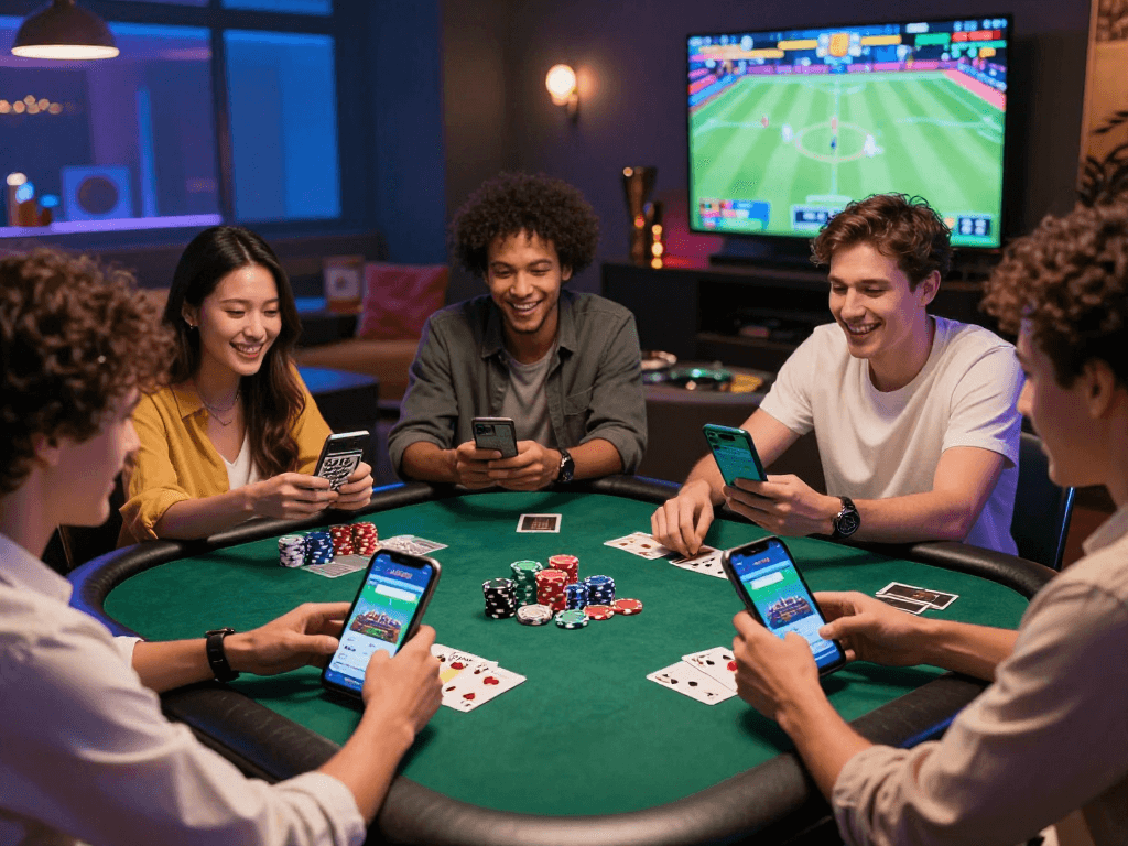 sòng bạc Jin88 - Nhóm bạn vui vẻ chơi game trực tuyến với ứng dụng cá cược, không khí náo nhiệt và hứng khởi