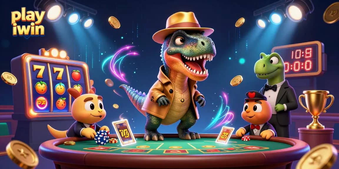 Play iwin with a fun velociraptor card counter in a lively casino scene.