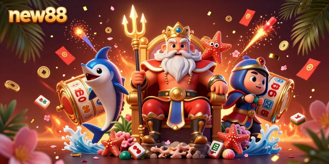 Experience excitement with new88's vibrant casino scene featuring colorful characters and dynamic game elements.