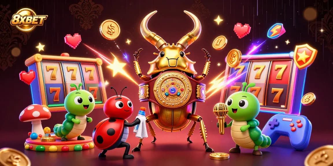 Experience thrilling action at 8XBET with colorful slot reels and engaging characters in a dynamic scene.