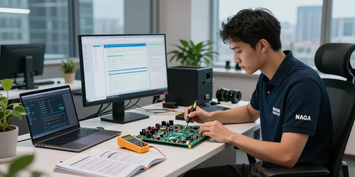 NAGA2000 technician diagnosing circuit board in modern workspace