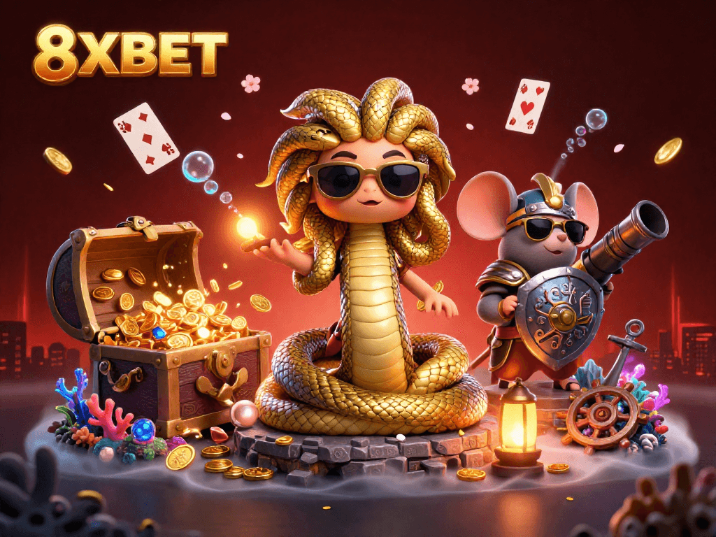 Engage with the vibrant 8XBET casino scene featuring Medusa, a warrior mouse, and treasure elements.