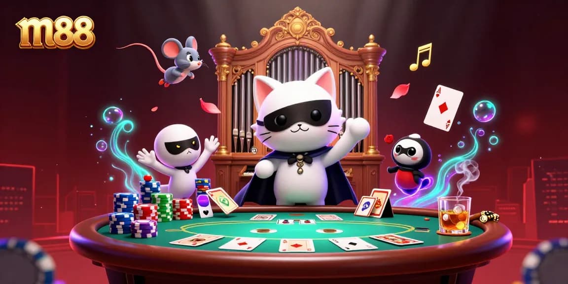 m88 embodies excitement with a phantom cat, poker chips, and floating musical notes in a vibrant casino setting.