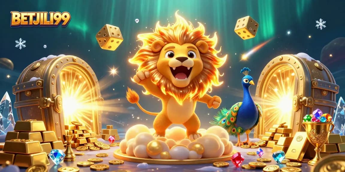 Win big at BETJILI99 with the majestic sun lion and treasure-filled scene, showcasing golden rewards.