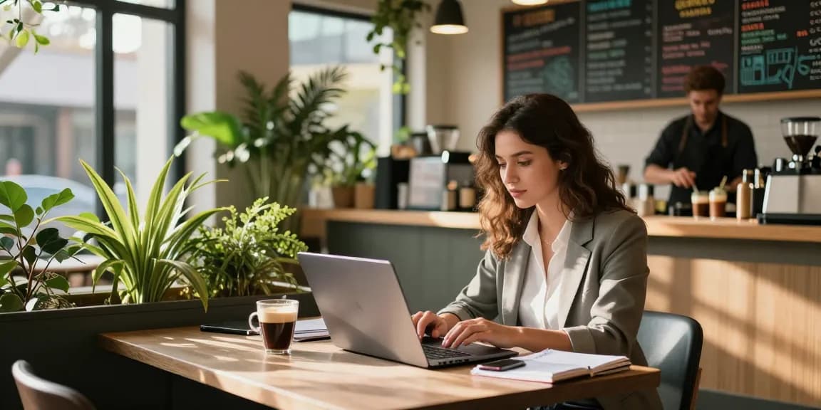 Motchill lifestyle café scene with young professional working on laptop surrounded by coffee, greenery, and modern decor.
