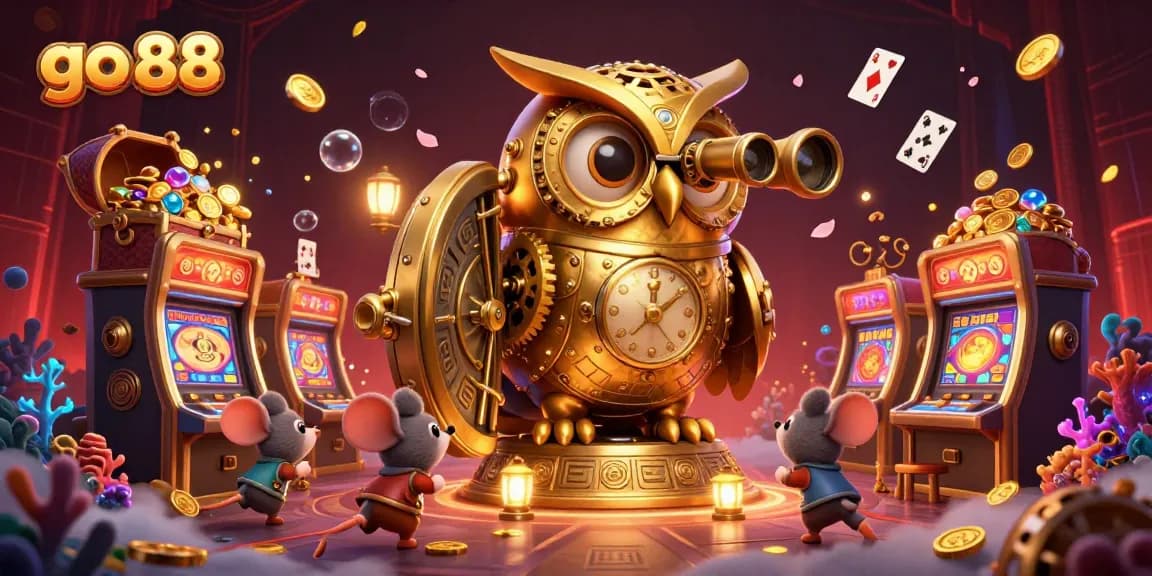 Experience go 88 with vibrant playing cards and a golden owl in a captivating casino setting.
