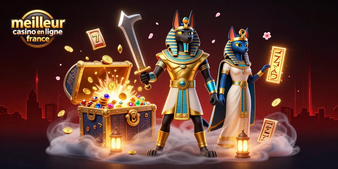 Illustration du meilleur casino en ligne France avec Anubis et Bastet dans un décor riche en éléments de jeu.