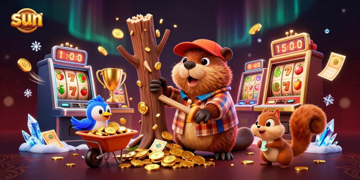 Win big at sun-themed slots with beaver chopping gold coins in a vibrant casino scene.