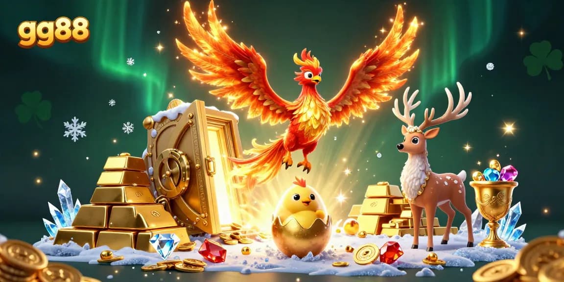 Experience the excitement and winning potential at gg88, illustrated with a phoenix and riches in a dynamic casino scene.