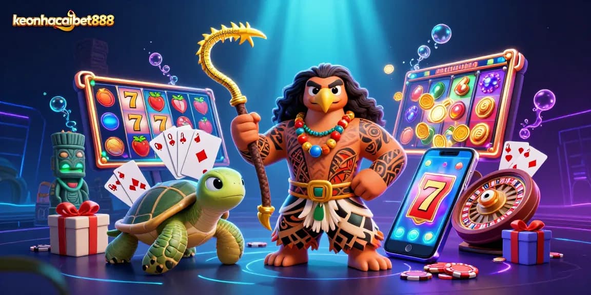 Experience thrilling wins with keonhacaibet888 in this vibrant 3D casino-themed illustration showcasing engaging slot games.