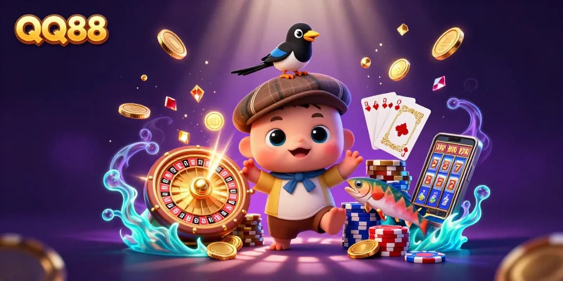 Win with QQ88 while enjoying a vibrant, colorful online casino experience featuring adorable cartoon characters.