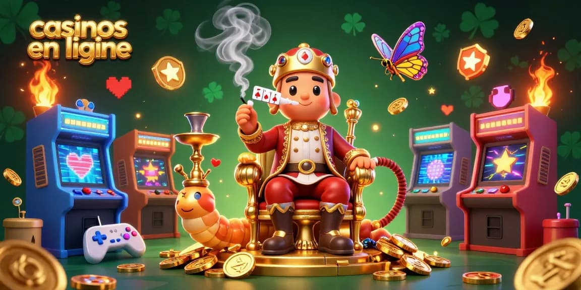 Cette scène colorée présente des casinos en ligne avec un maître en narguilé et des éléments de jeu éclatants.