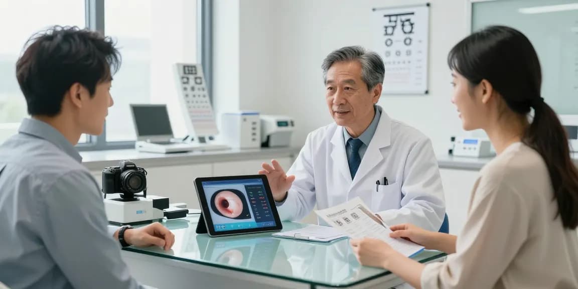 Ophthalmologist explaining 라섹 treatment options to a patient in a modern eye clinic.