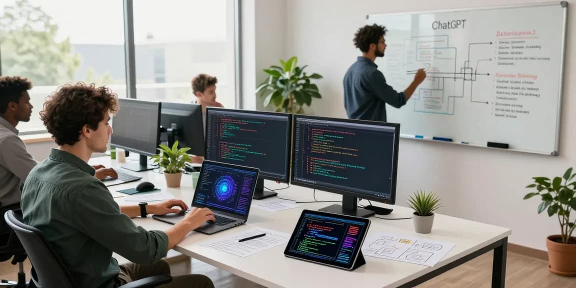 Diverse AI developers brainstorming innovative ChatGPT alternatives in a modern co-working space with vibrant coding displays.