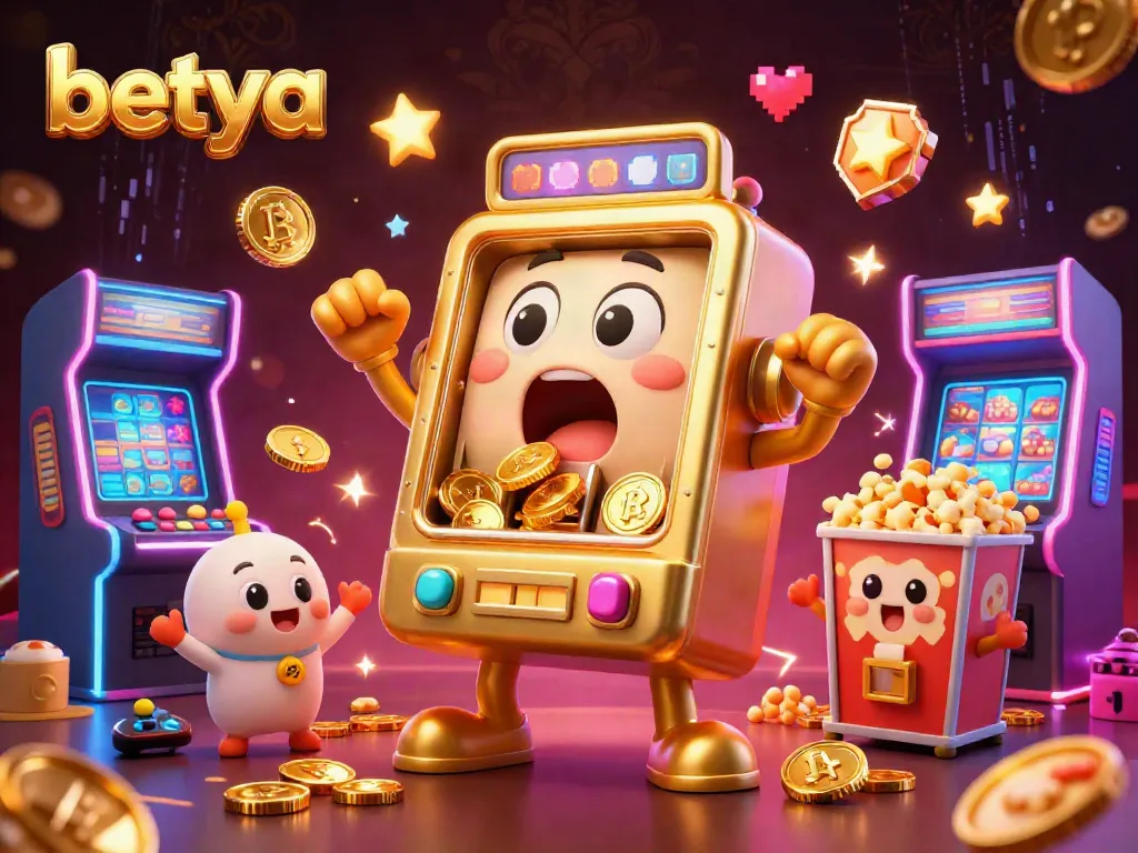 Betya slot machine wins with coins pouring out, celebrating arcade fun in a vibrant casino scene.