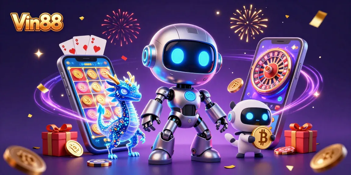 Spin to win with Vin88: a vibrant 3D casino scene featuring immersive game icons and a playful mascot.