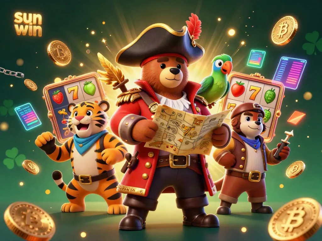 Experience the thrill of gambling at sun win with a pirate captain, tiger, and treasure map amidst slot reels and glowing crypto coins.