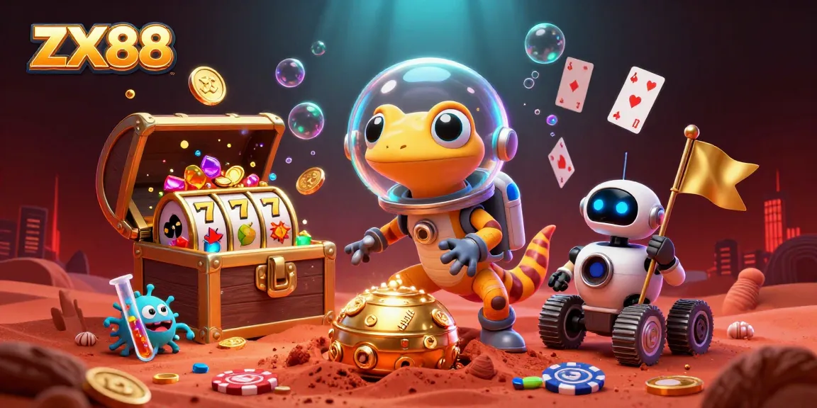 Experience thrilling wins at ZX88 casino, where our Martian gecko discovers hidden treasures in a vibrant universe.