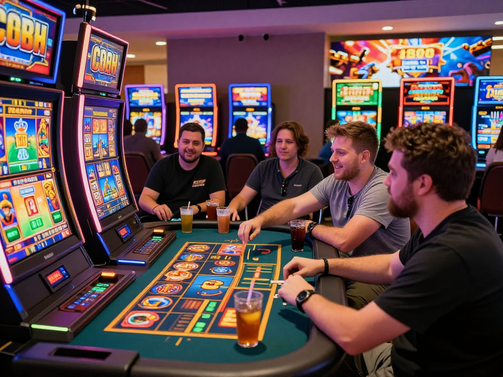 Engaged players enjoying thrilling slot88 gaming experience in a vibrant casino setting with bright lights.