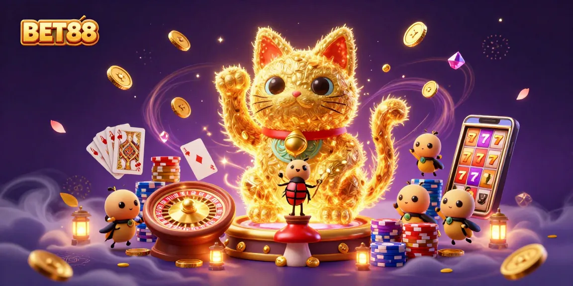 BET88's lucky cat and golden fireflies create a vibrant casino scene with dynamic symbols.
