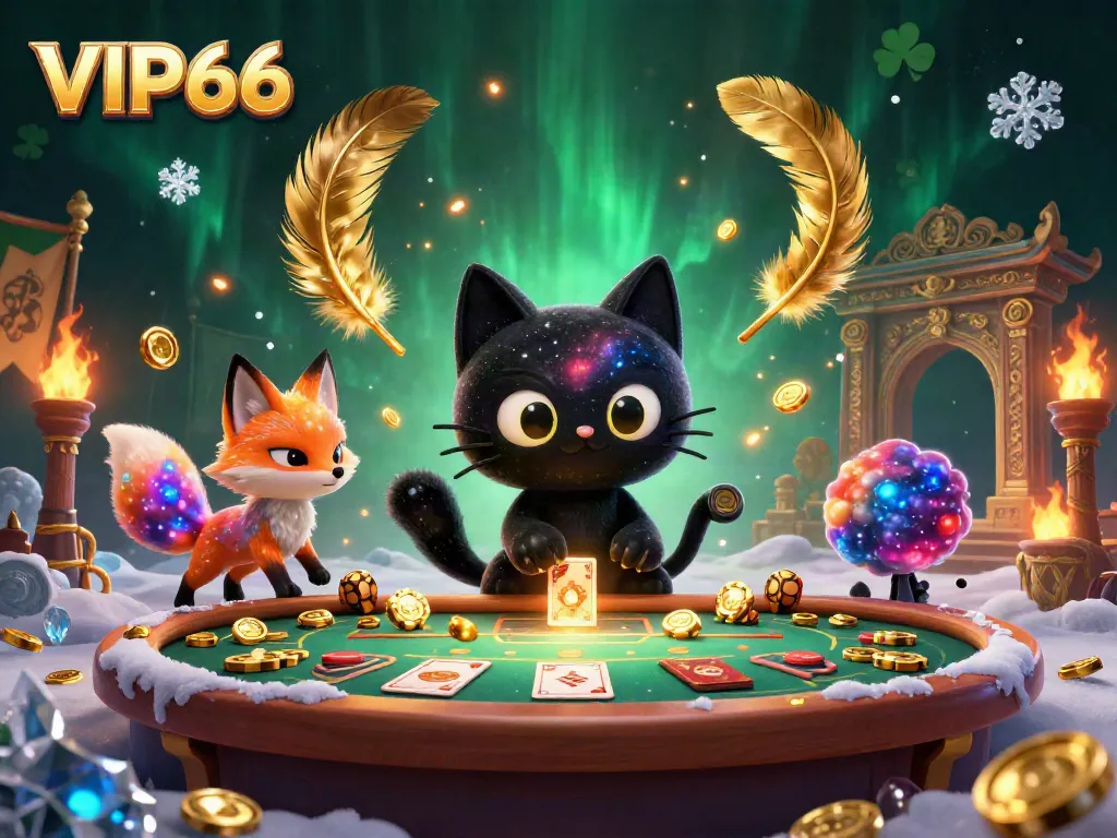 Experience the allure of VIP66's cosmic casino with a black hole cat drawing in chips and cards.