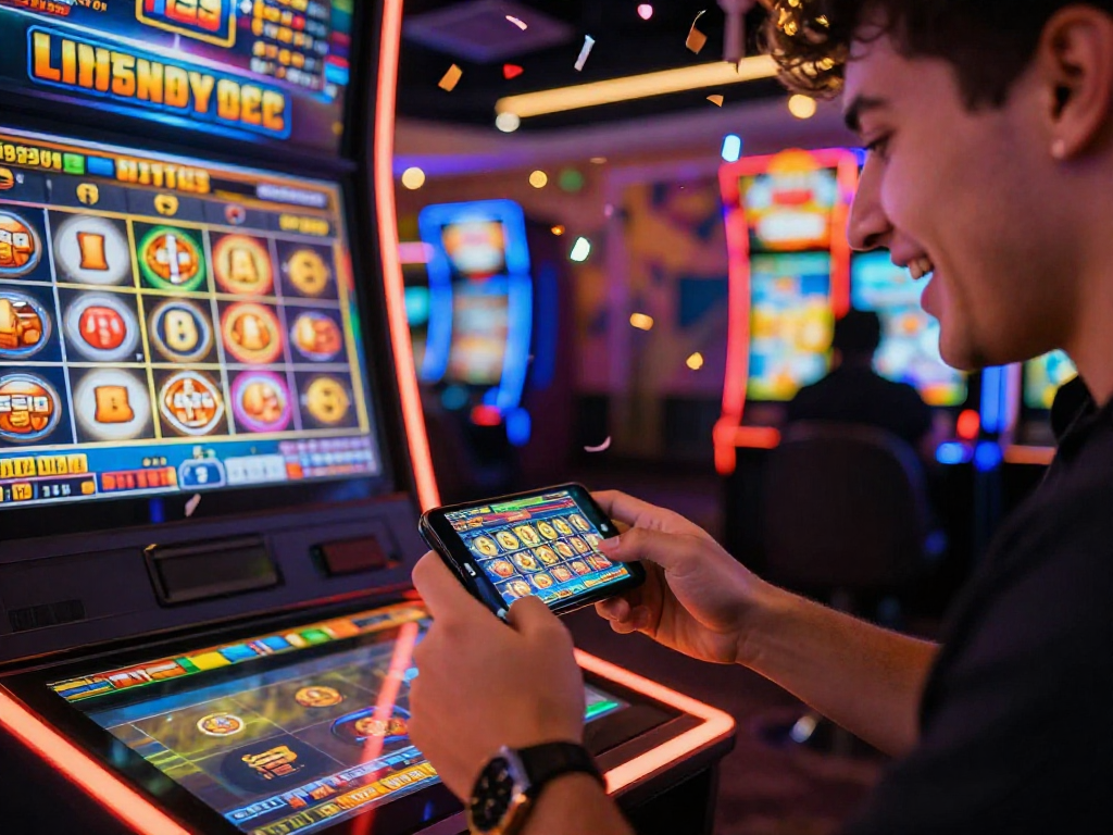 Player experiencing excitement with gacor slot game on smartphone, surrounded by vibrant casino ambiance.