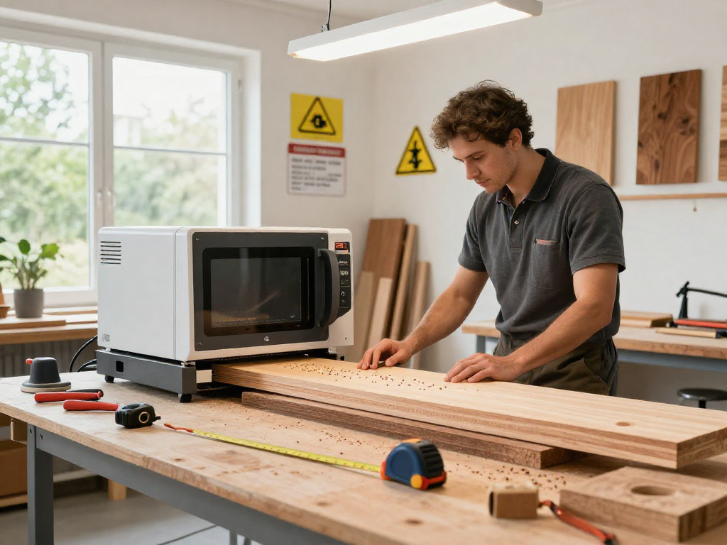 Shashel technician demonstrating microwave equipment for quick pest elimination in modern wood workshop.