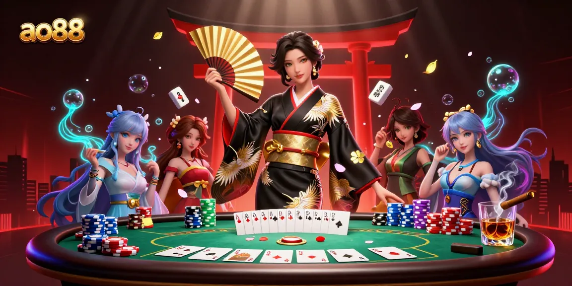 Play poker at ao88 surrounded by festive décor, cash, and vibrant casino elements.
