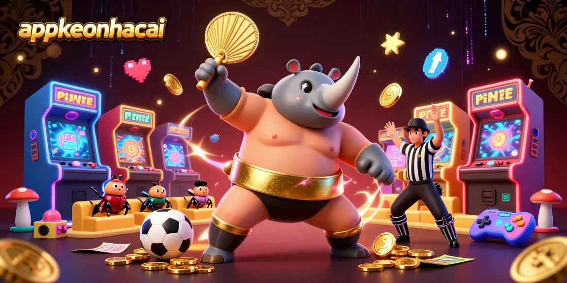 appkeonhacai presents a dynamic sports betting scene with a beetle champion, coins, and game elements.