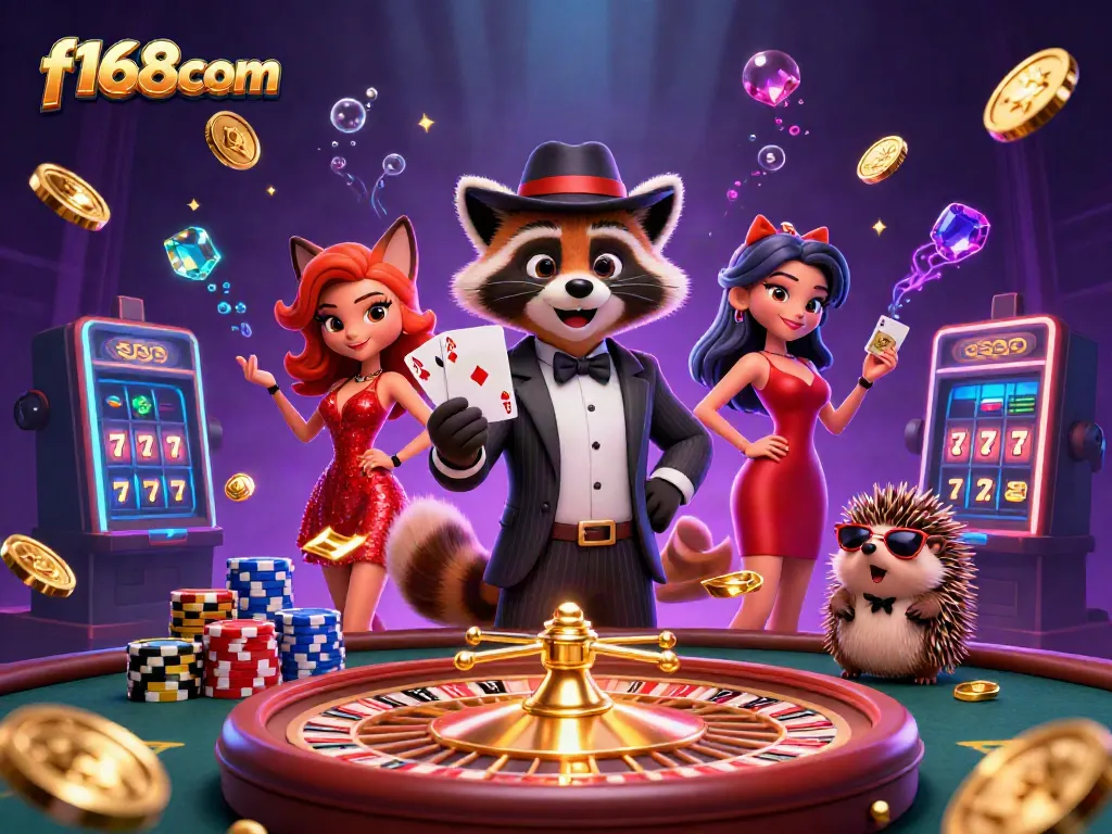 Experience the thrill of f168com with a raccoon, fox, and hedgehog in a vibrant casino scene.
