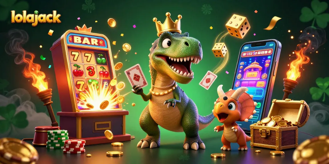 Experience thrilling wins at lolajack casino with T-Rex, vibrant games, and golden chips.