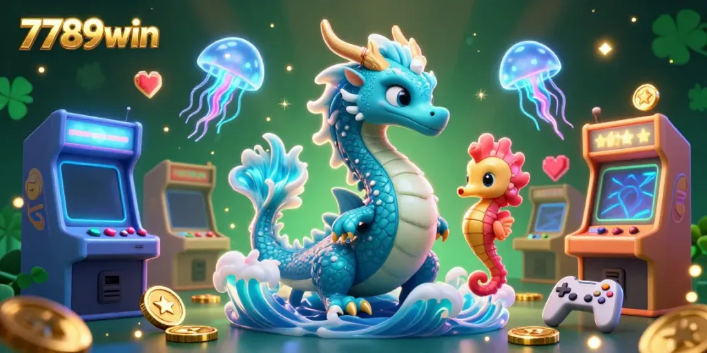 Immerse yourself in 7789win's magical casino world with a vibrant water dragon and seahorse knight.