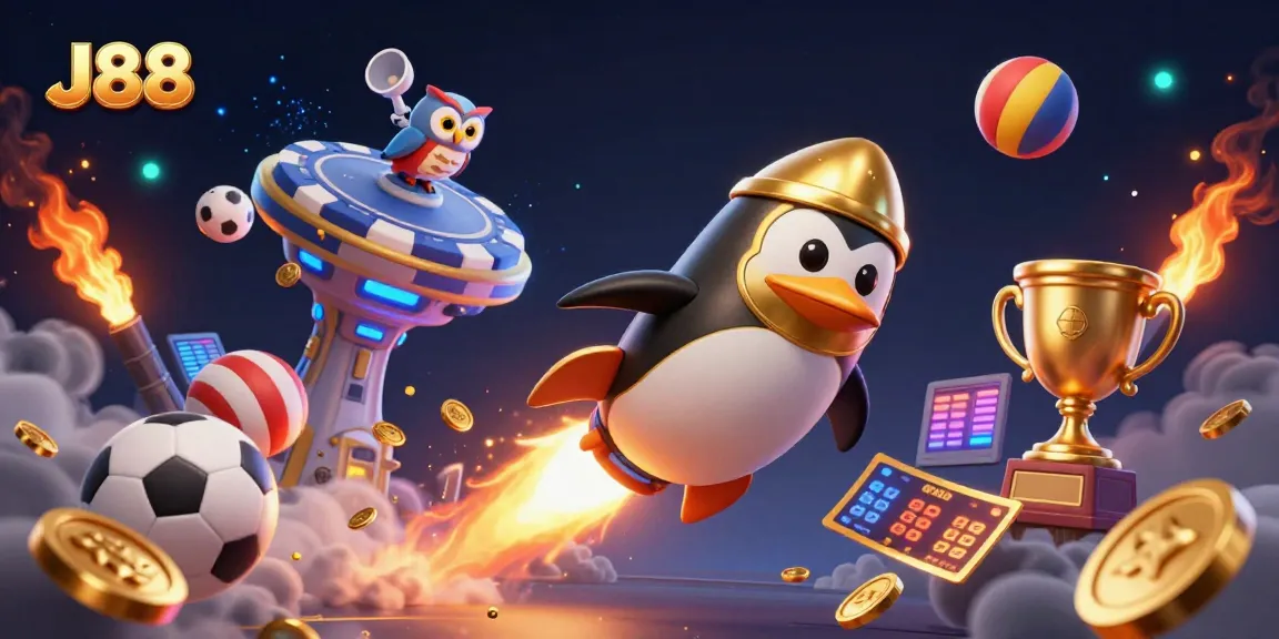 Experience exhilarating sports betting action with J88’s dynamic illustration featuring a golden penguin and casino stations.
