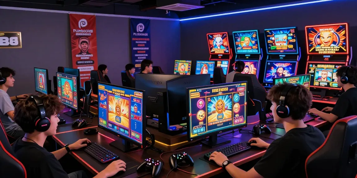 Engaging Playbook88 gaming lounge scene with vibrant slot games and players.