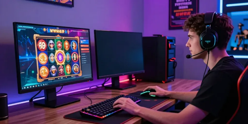 Engaging slot online gameplay with a player immersed in a colorful gaming setup featuring vivid graphics.