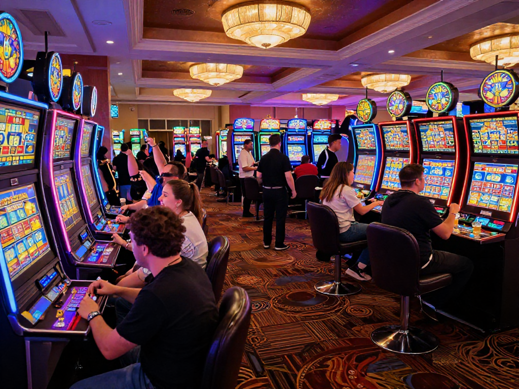 Excited players celebrating a win at slot machines in a lively casino atmosphere.