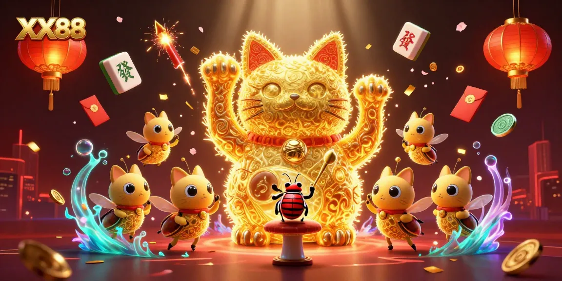 Experience the excitement of XX88 with a lively scene of golden fireflies forming a lucky cat.