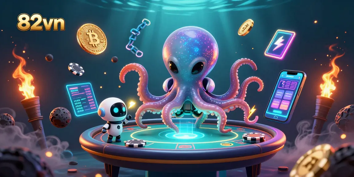 Experience thrilling casino action with 82vn’s vibrant alien octopus at a holographic poker table.