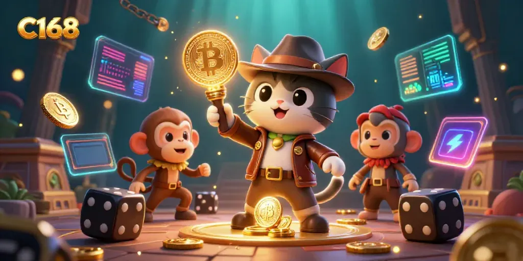 C168 players uncover hidden treasures in a dynamic casino adventure scene.